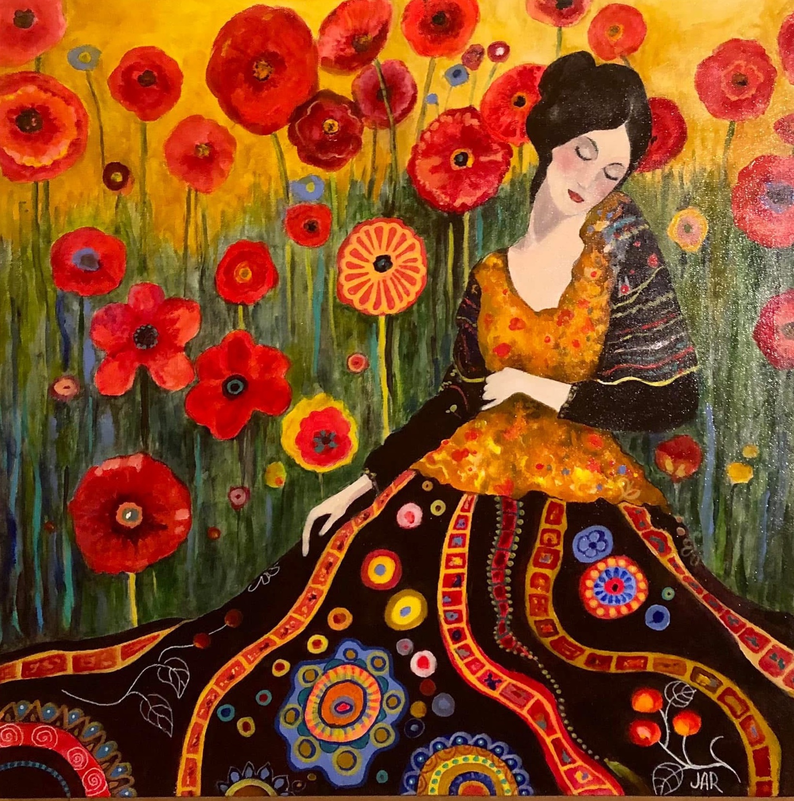 In the Poppy Field - mixed media collage by Jean Ann Robinson
