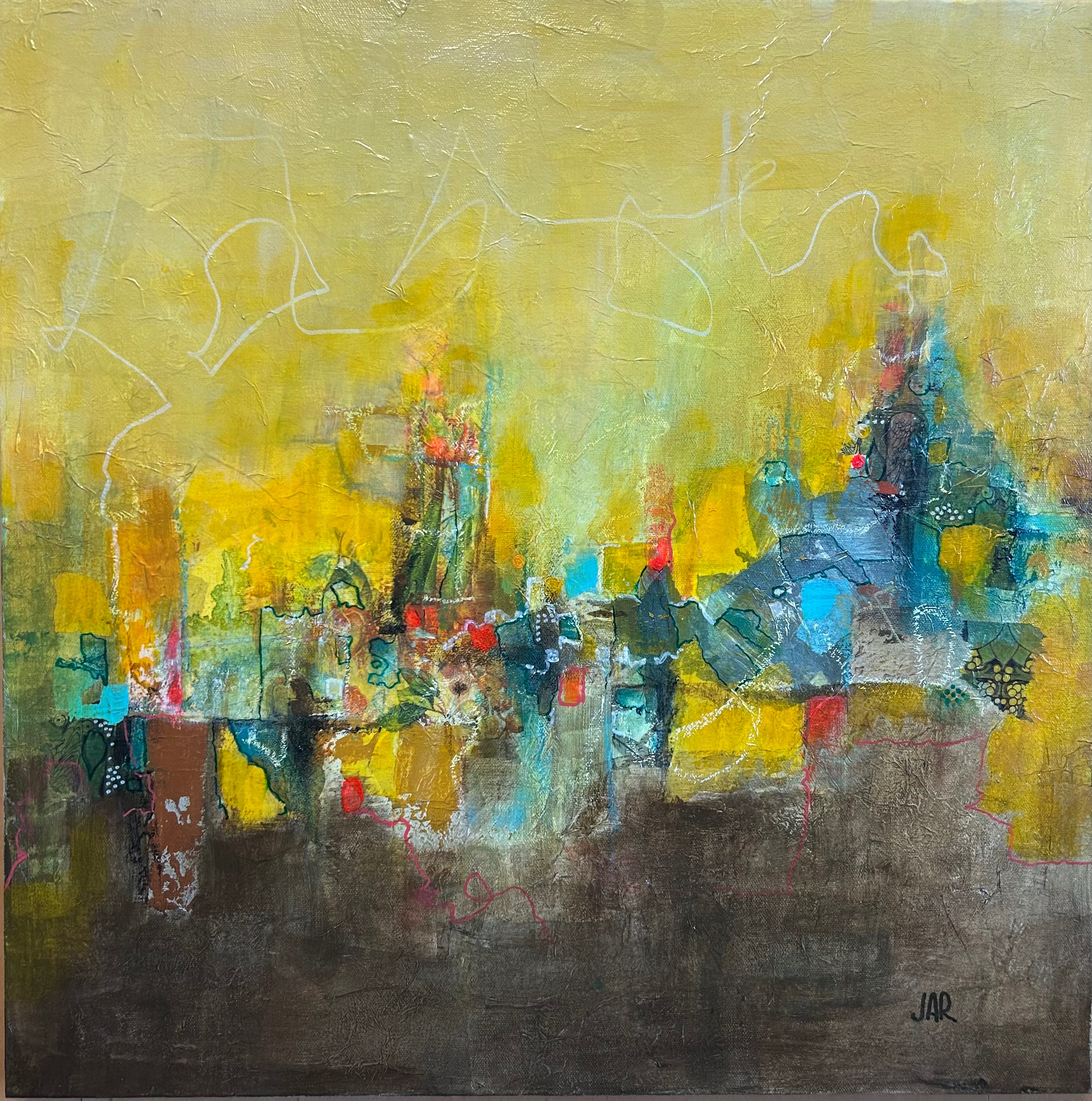 Golden City - mixed media collage by Jean Ann Robinson