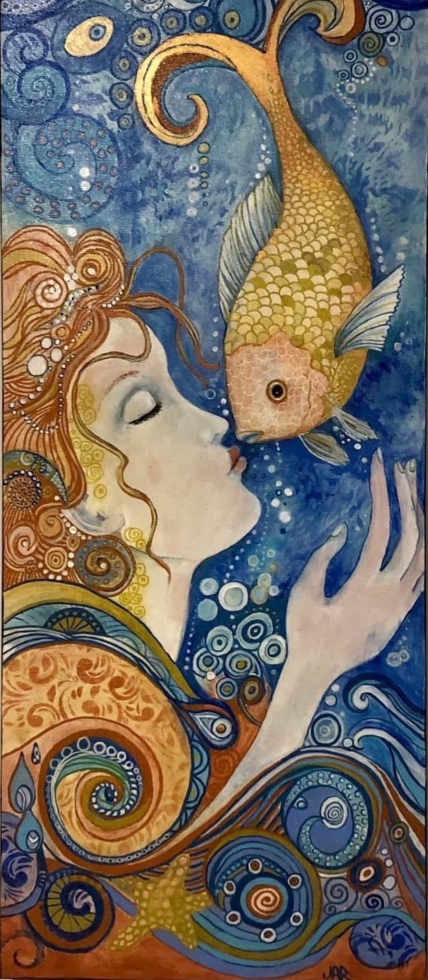 Koi Kiss - mixed media collage by Jean Ann Robinson