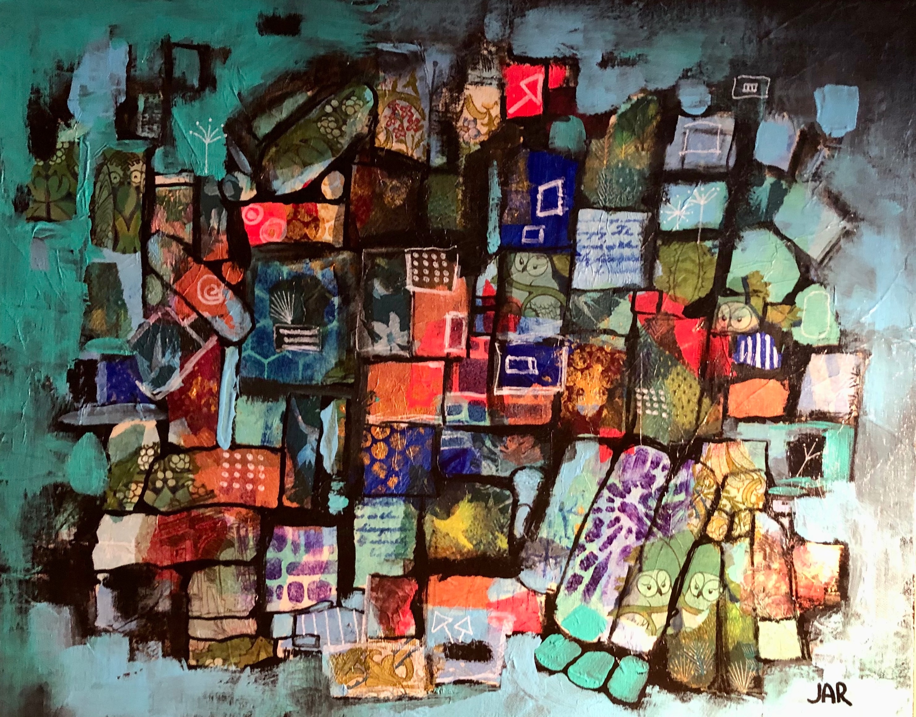 Monkey Mind - mixed media collage by Jean Ann Robinson
