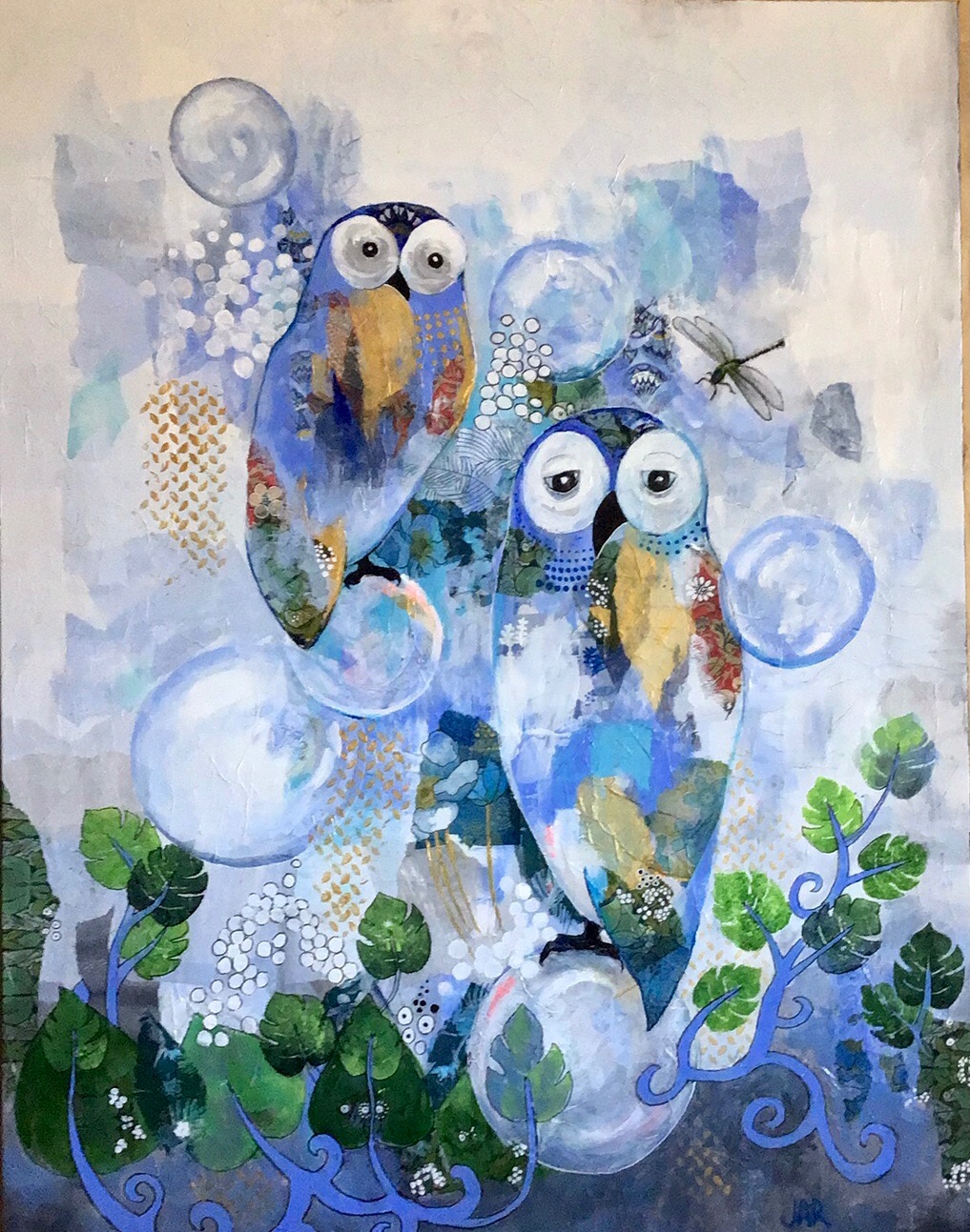 Hoo’s Watching Who - mixed media collage by Jean Ann Robinson