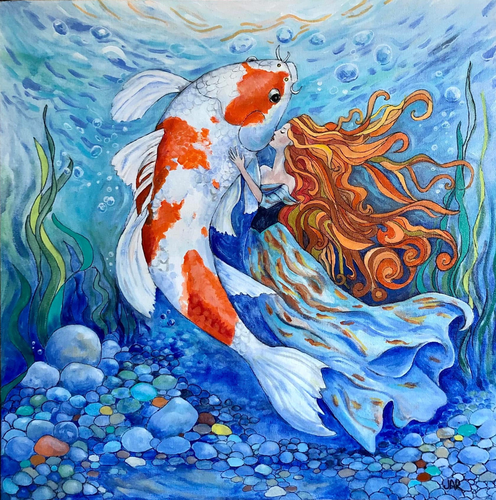 Koi Kiss 2 - mixed media collage by Jean Ann Robinson