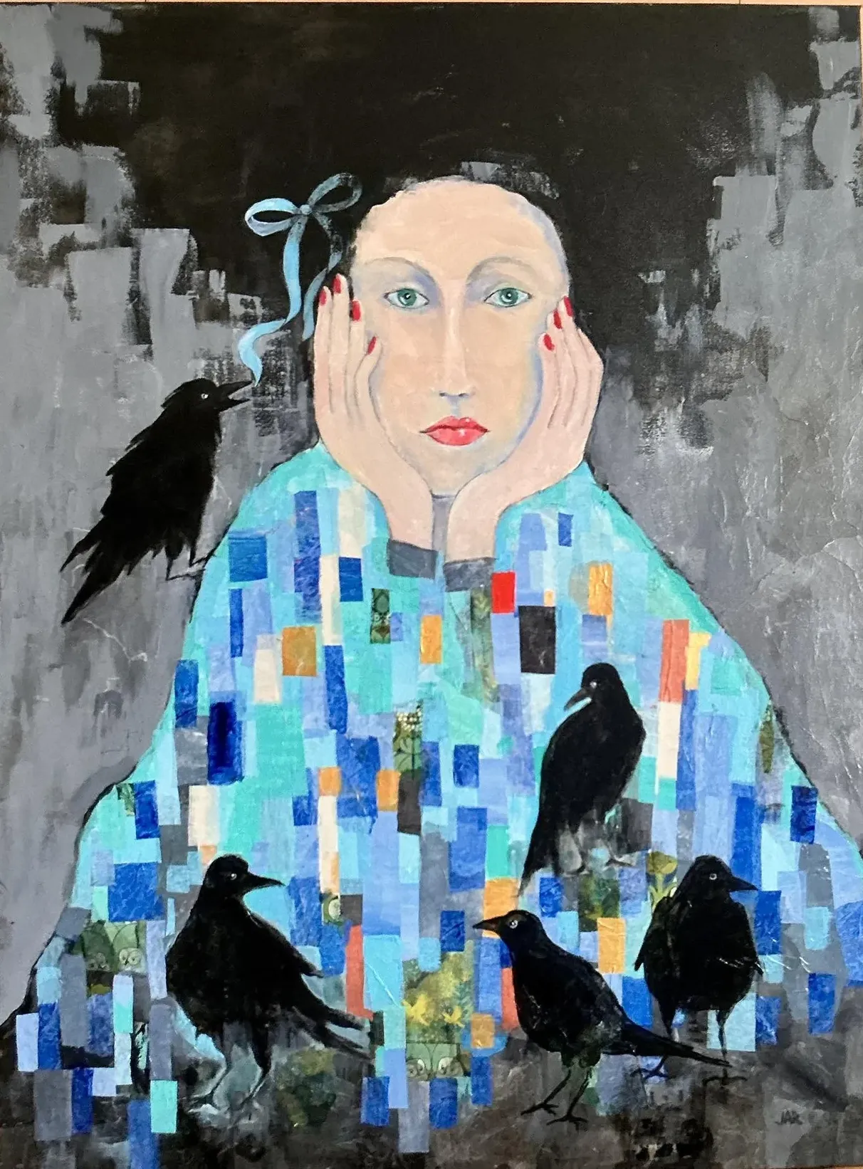 Crows Whisper - mixed media collage by Jean Ann Robinson